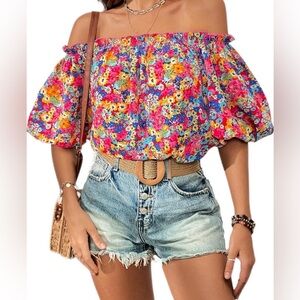 Bright Floral Off-Shoulder Puff Sleeve Top Pink Yellow Blue | M | Spring Summer